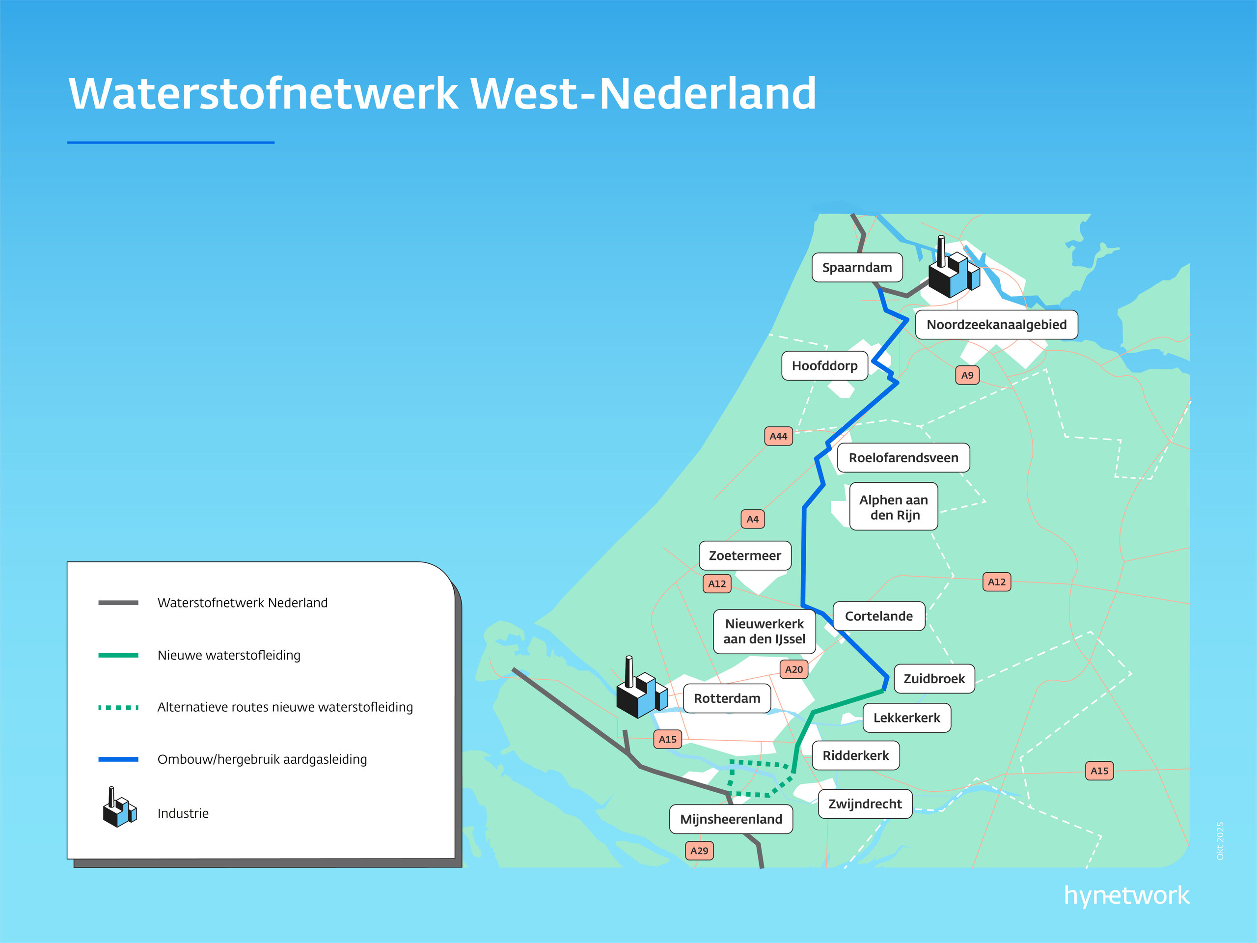 Kaartje van West-Nederland Waterstofnetwerk waarin de route van het netwerk wordt aangetoond