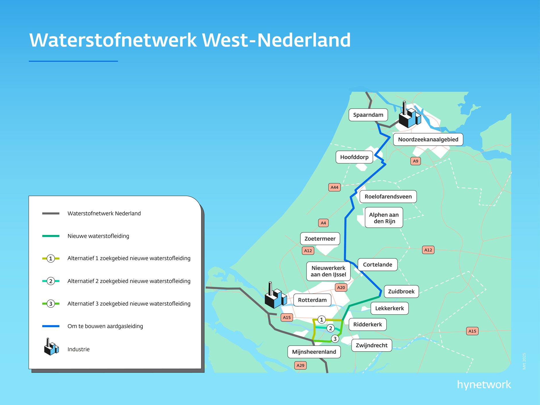 Schematische weergave van Waterstofnetwerk West-Nederland met hergebruik van een bestaande aardgasleiding en de aanleg van een nieuwe leiding.