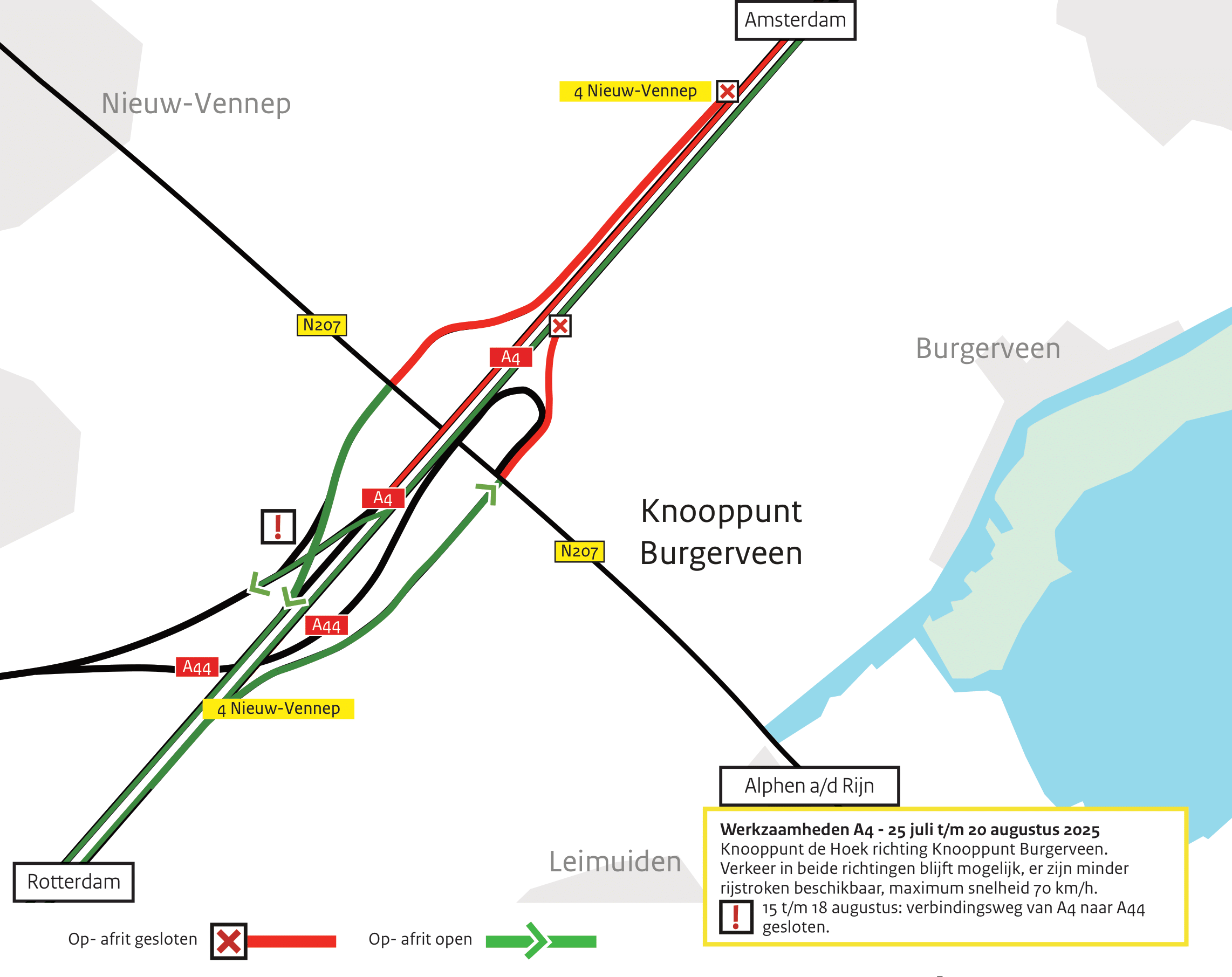 Werkzaamheden A4 - 25 juli t/m 20 augustus 2025. Knooppunt de Hoek richting Knooppunt Burgerveen. Verkeer in beide richtingen blijft mogelijk, er zijn minder rijstroken beschikbaar, maximum snelheid 70 km/h. 15 t/m 18 augustus: verbindingsweg van A4 naar A44 gesloten.