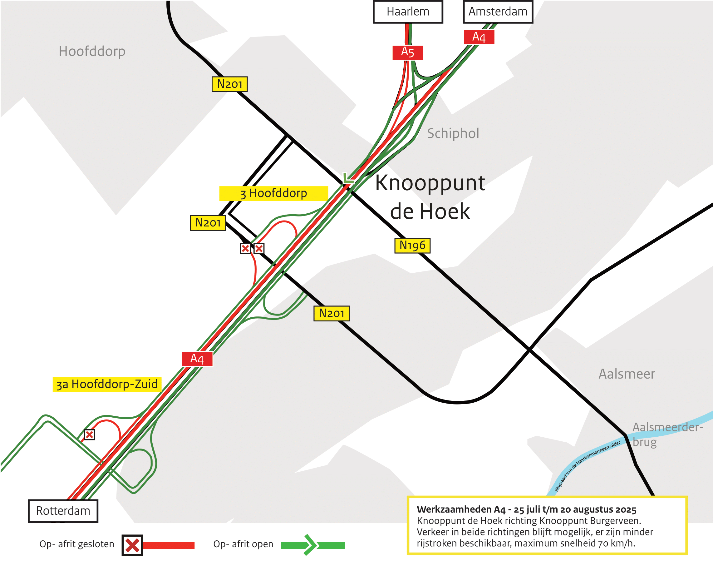 Werkzaamheden A4 - 25 juli t/m 20 augustus 2025 Knooppunt de Hoek richting Knooppunt Burgerveen. Verkeer in beide richtingen blijft mogelijk, er zijn minder rijstroken beschikbaar, maximum snelheid 70 km/h.